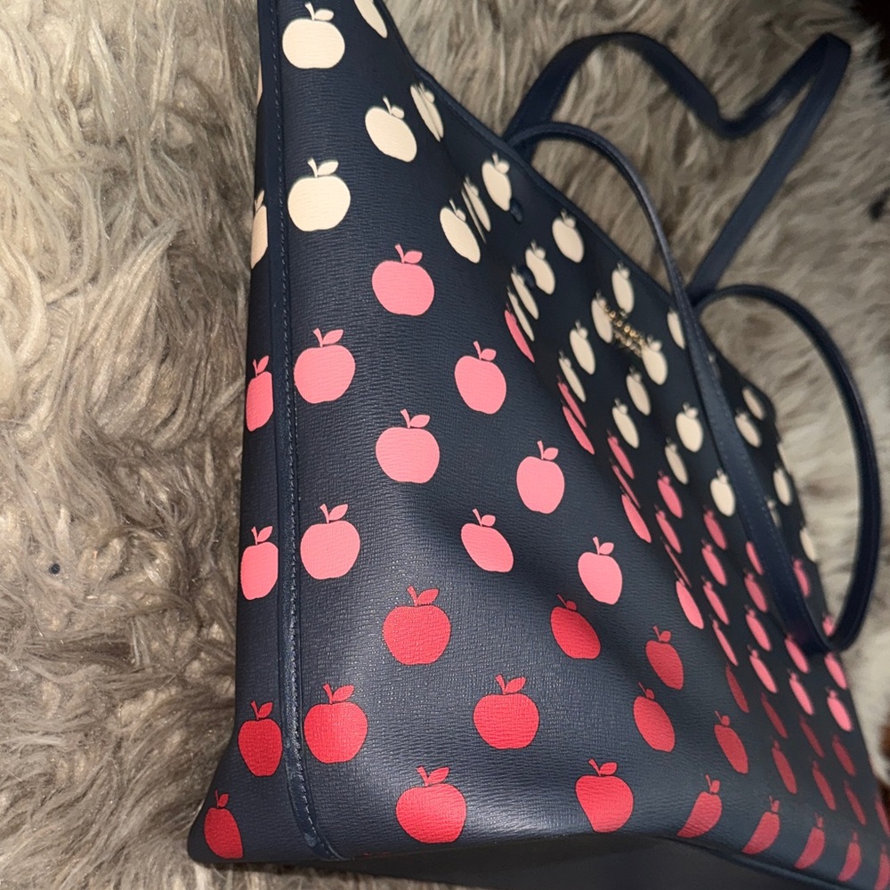 Kate Spade Navy Tote and Wallet with Red and Pink Apple Design - Picture 10 of 13